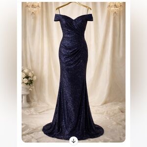 Ruched Navy Blue Sequin Formal Evening Gown | Wedding Guest Prom Gala mermaid L